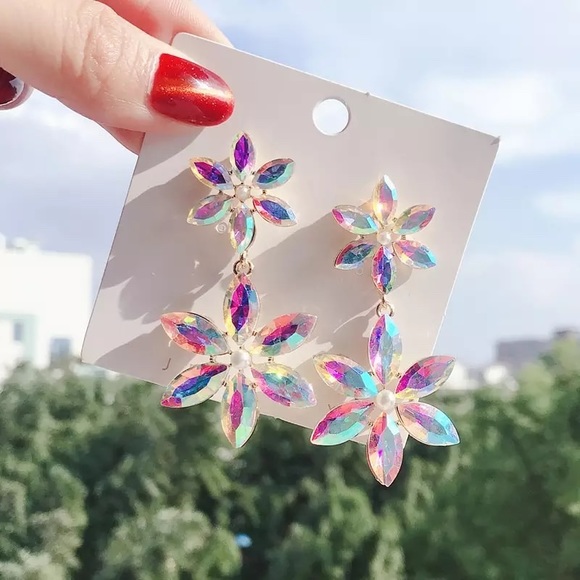 Women Crystal Flower Long Shining Earring - Picture 5 of 6